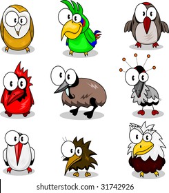 Collection of cartoon birds isolated on white