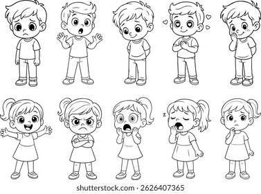 Coleção de personagens de desenhos animados de meninos e meninas que expressam várias emoções como tristeza, surpresa, amor, raiva, medo e felicidade na arte da linha preta e branca