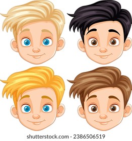 Collection of cartoon boy heads showcasing various hair and eye colors