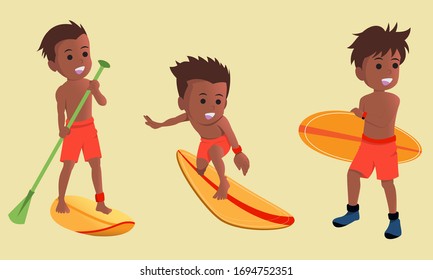 Collection of cartoon boy surfing in flat design