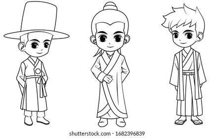 Collection of cartoon boy wearing  chinese korean and Japanese costume used for coloring book