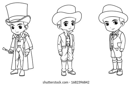 Collection of cartoon boy wearing England French and German  costume used for coloring book