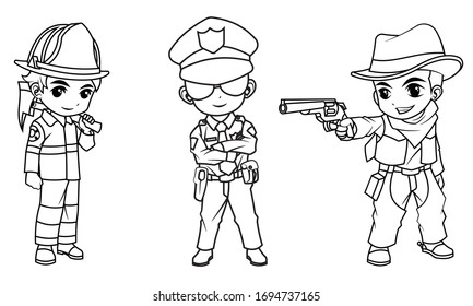 Collection of cartoon boy wearing firefighter police and cowboy costume