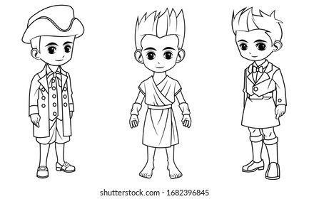 Collection of cartoon boy wearing Greek scottish and swiss costume used for coloring book