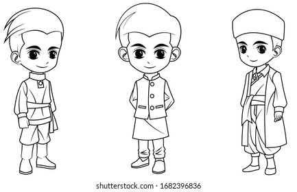 Collection of cartoon boy wearing Russian  Indian and Turkish costume used for coloring book