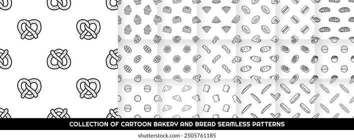 Collection of Cartoon Bread bakery seamless patterns