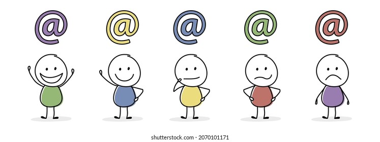 Collection of cartoon businessmen with email address icons. Vector