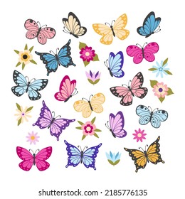 Collection of cartoon butterflies and flowers isolated on white background. Set of decorative design elements. Flat vector illustration.