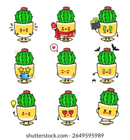 Uma coleção de cactos de desenho animado com diferentes expressões e acessórios, mostrando várias emoções e cenários.