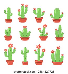 Collection of cartoon cacti in terracotta pots with red flowers. Cactus set a unique shape, small spines, and a vibrant green color, set against a white background.