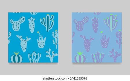 Collection of cartoon cactuses. Set of exotic seamless pattern.  Multicolor childish illustration with desert cactuses. vector illustration print in boho style. 