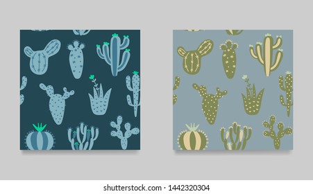 Collection of cartoon cactuses. Set of exotic seamless pattern.  Multicolor childish illustration with desert cactuses. vector illustration print in boho style. 
