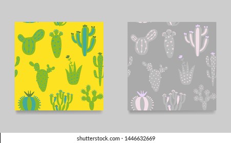 Collection of cartoon cactuses. Set of exotic seamless pattern.  Hipster, colorful childish illustration with desert cactuses. vector illustration print in boho style. 