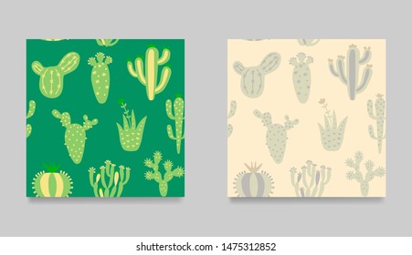 Collection of cartoon cactuses. Set of exotic seamless pattern.  Trendy, colorful childish illustration with desert cactuses. vector illustration print in boho style. 
