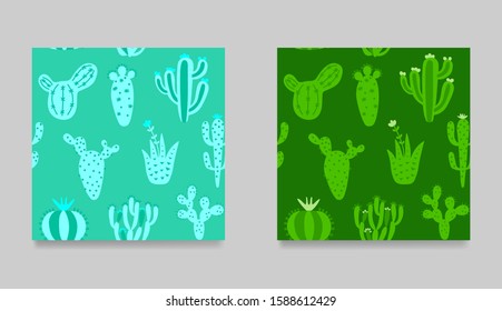 Collection of cartoon cactuses. Set of exotic seamless pattern.  Colorful childish illustration with desert cactuses. vector illustration print in boho style. 