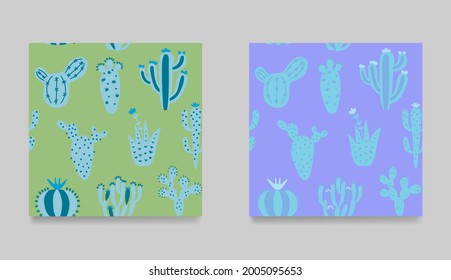 Collection of cartoon cactuses. Set of exotic seamless pattern.  Hipster, colorful childish illustration with desert cactuses. vector illustration print in boho style. 