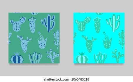 Collection of cartoon cactuses. Set of exotic seamless pattern.  Hipster, colorful childish illustration with desert cactuses. vector illustration print in boho style. 