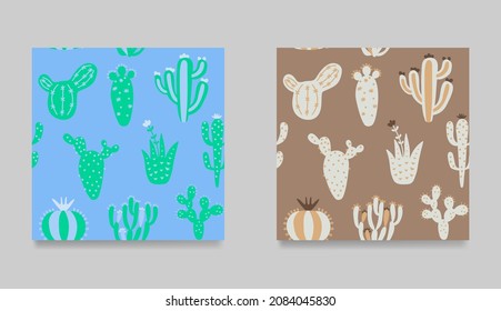 Collection of cartoon cactuses. Set of exotic seamless pattern.  Colorful childish illustration with desert cactuses. vector illustration print in boho style. 