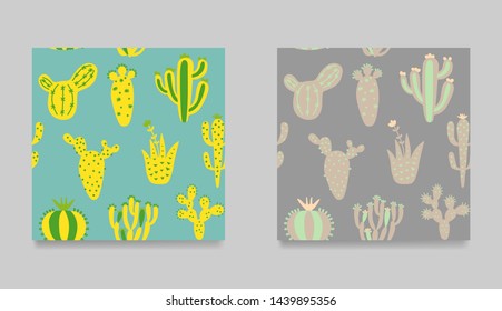 Collection of cartoon cactuses. Set of mexican seamless pattern.  Creative, multicolor cactuses childish texture. Hand draw desert plants. Vector illustration ethnic design.