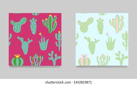 Collection of cartoon cactuses. Set of mexican seamless pattern.  Colorful cactuses childish texture. Hand draw desert plants. Vector illustration ethnic design.