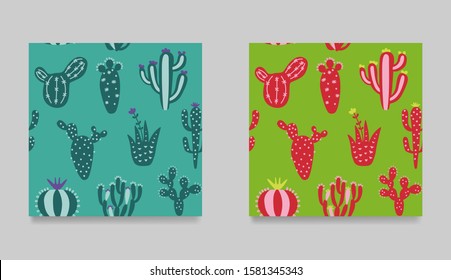 Collection of cartoon cactuses. Set of mexican seamless pattern.  Creative, multicolor cactuses childish texture. Hand draw desert plants. Vector illustration ethnic design.
