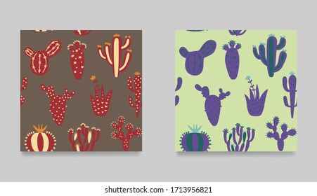 Collection of cartoon cactuses. Set of mexican seamless pattern.  Bright, colorful cactuses childish texture. Hand draw desert plants. Vector illustration ethnic design.