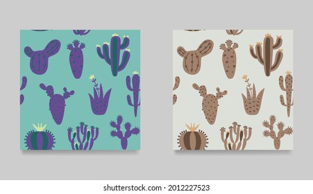 Collection of cartoon cactuses. Set of mexican seamless pattern.  Trendy, colorful cactuses childish texture. Hand draw desert plants. Vector illustration ethnic design.