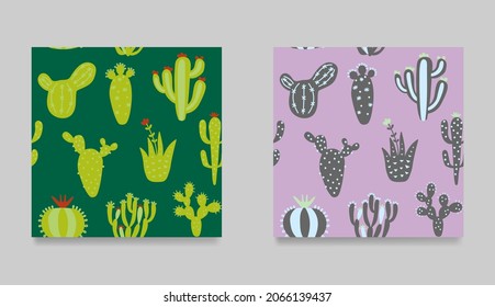 Colección de cactus de dibujos animados. Conjunto de patrones mexicanos sin fisuras.  Los cactus brillantes y coloridos utilizan textura infantil. Dibujar a mano plantas desérticas. Diseño étnico de ilustración vectorial.
