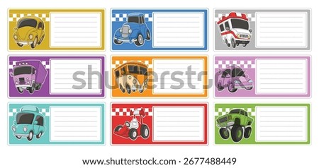 Collection Of Cartoon Car Themed Name Tags With Various Vehicle Illustrations And Checkerboard