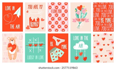 Collection of cartoon cards for St. Valentine's Day. Romantic elements, love, briefs, hearts, flowers, typography, patterns. Vector concept template, background, card, poster, cover set.