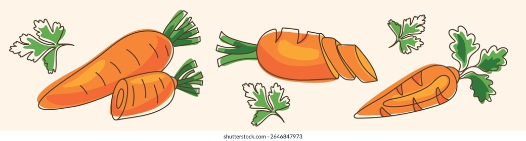 Coleção de cenouras de desenho animado com fatias e folhas de salsa em estilo colorido achatado isolado no fundo branco