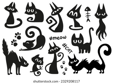 Collection of cartoon cat silhouettes for Halloween and other design. Vector illustration isolated on white background.