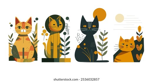 Collection of cartoon cats with abstract shapes and nature elements, modern flat style, with natural motifs and design elements