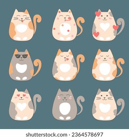 Collection of cartoon cats with positive emotions. Cute pets set. Characters with different mood, feelings and facial expressions. Animalistic vector illustration in simple style. 
