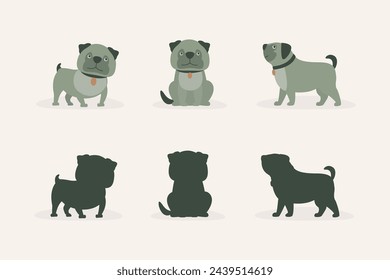 Collection of cartoon character bulldog in different poses and silhouettes. Pug dog. Set of cute pet dog in the flat style. Adorable domestic pet. vector illustration