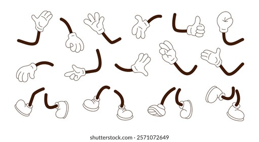 Collection of cartoon character comic leg, hand in different emotions happy, angry, sad, cheerful. Cute retro groovy hippie illustration for decorative, sticker