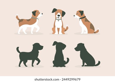 Colección de perro personaje de dibujos animados en diferentes poses y siluetas.  Mestizo. Conjunto de lindo perro de mascota en el estilo plano. No hay raza de perro. Adorable mascota doméstica. Ilustración vectorial plana