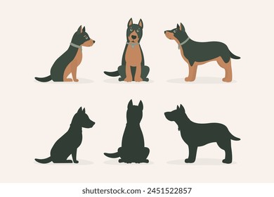 Colección de perro personaje de dibujos animados en diferentes poses y siluetas.  Mestizo. Conjunto de lindo perro de mascota en el estilo plano. No hay raza de perro. Adorable mascota doméstica. Ilustración vectorial plana