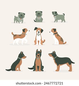 Collection of cartoon character dog in different poses. Bulldog and mongrel dog. Set of cute pet doggy in the flat style. Breed and No breed dogs. Adorable domestic pet. vector illustration