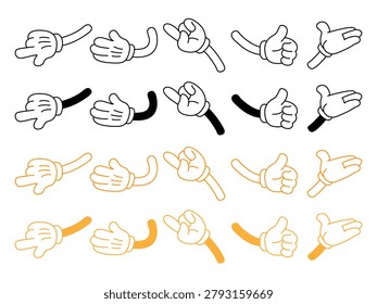 Collection of cartoon character hands in various gestures. classic retro style glove hand. vector illustration in flat design. set includes rock roll, open palm, and thumb up signs.