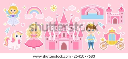 A collection of cartoon characters and a castle. The castle is pink and has a bridge. There is a princess, a knight, and a horse