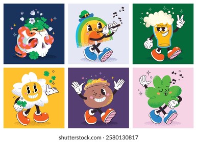 Collection of cartoon characters celebrating st patrick day. Vector illustration