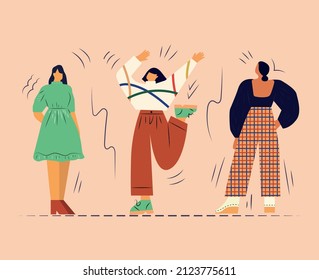 Colección de personajes de caricatura, multitud de mujeres que caminan, chicas de moda y de diseño, colorida ilustración plana