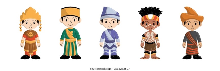 Collection of cartoon characters in different traditional cultural outfits. Perfect for educational materials, cultural events or illustrative projects