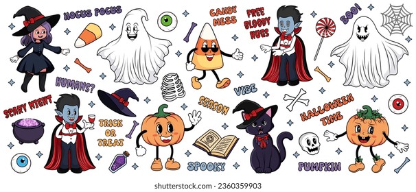 Collection of cartoon characters and elements for Halloween. Retro, vintage, groovy. Candy, cauldron and potion, spider web, spell book. All vector objects are isolated on white background. Part 2