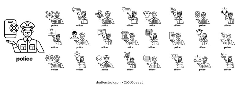 A collection of cartoon characters, including a police officer, a doctor, and a soldier. The police officer is holding a cell phone and is giving directions
