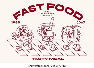 Collection of cartoon characters. Instant noodles, pizza, bubble tea walking through the crosswalk. Set of comic fast food elements in trendy retro cartoon style with typography