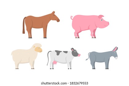 Collection of cartoon characters isolated on white background. Set of farm animals and birds in trendy flat style. Sheep, goat, cow, donkey, horse, pig, cat, dog, duck, goose, chicken, rooster. Vector