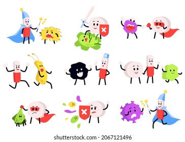 Collection of cartoon characters of medical antibiotic pills fighting viruses, germs and bacterias, flat vector illustration isolated on white background.