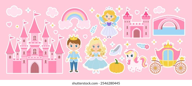 Una colección de personajes de dibujos animados y objetos, incluyendo un castillo, una princesa, un caballero, una calabaza, un caballo y un carruaje